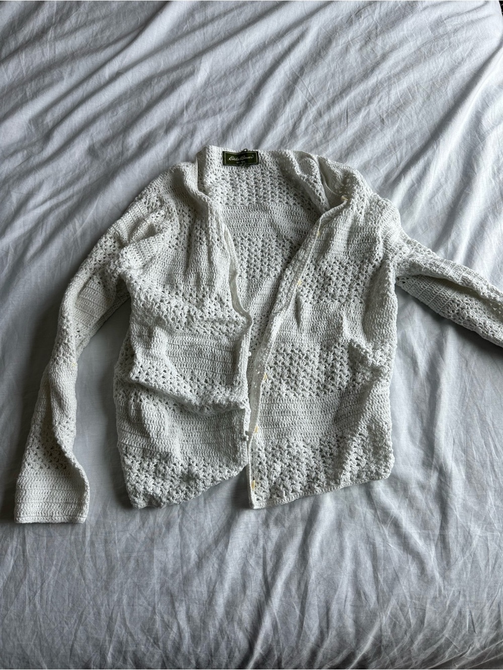 Eddie Bauer White Crocheted Open-Knit Cardigan